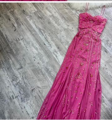 Niulatu Spaghetti Strap Sheath Beaded Chiffon Long Prom Dresses, Hot Pink Formal Evening Dresses HZ1026
